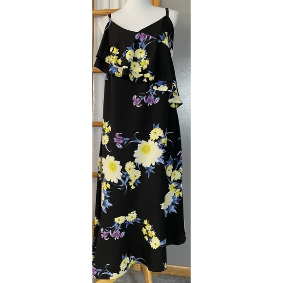 Roz & Ali Dresses & Skirts - Roz Ali Layered Floral Dress 16 Black Yellow Slanted Hem Sleeveless Boho Party